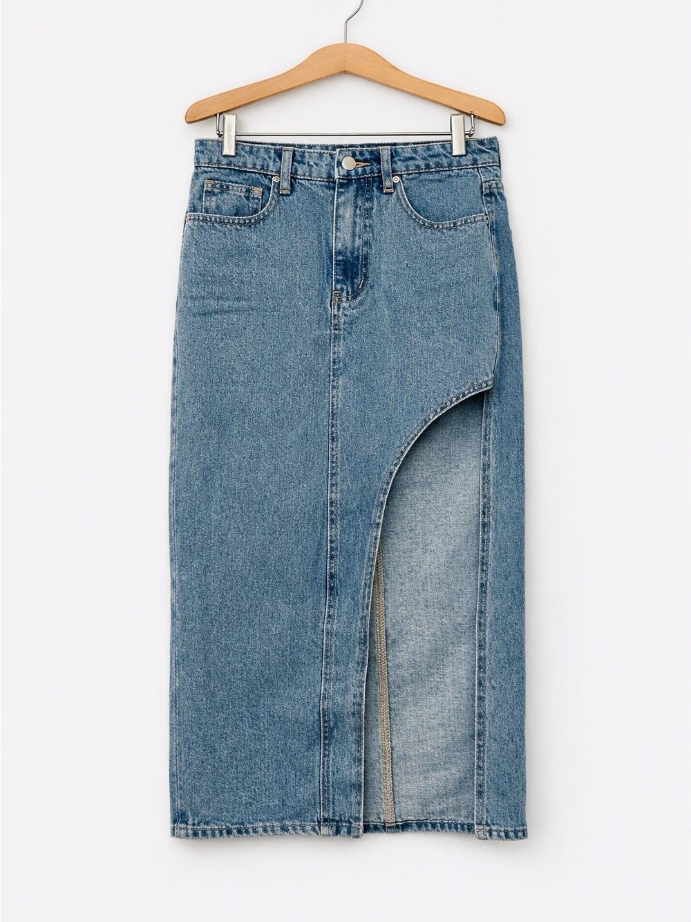 Boohoo Blue Denim Midi Skirt with High Side Slit